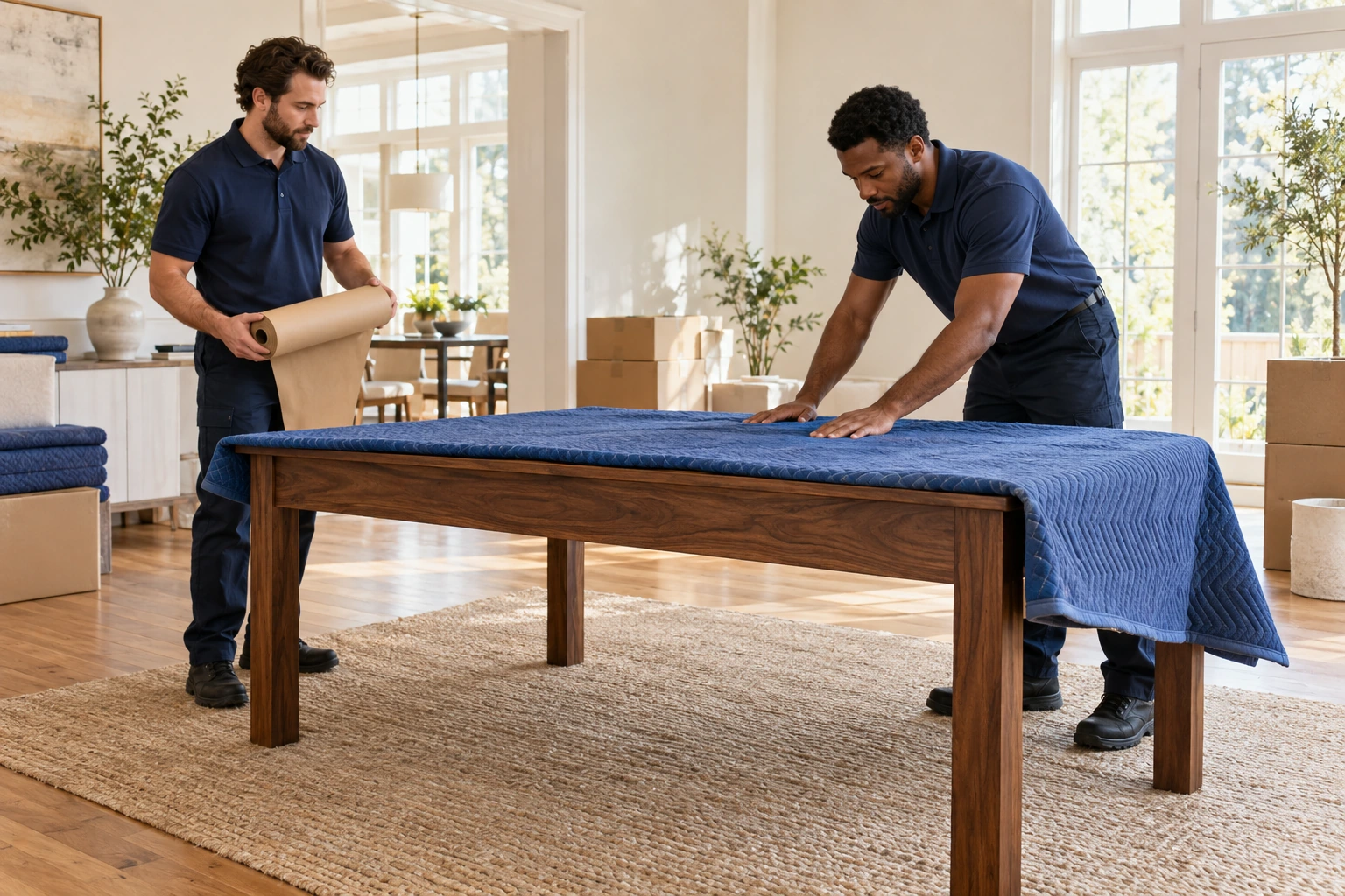 Professional movers carefully protecting a dining table for transport.