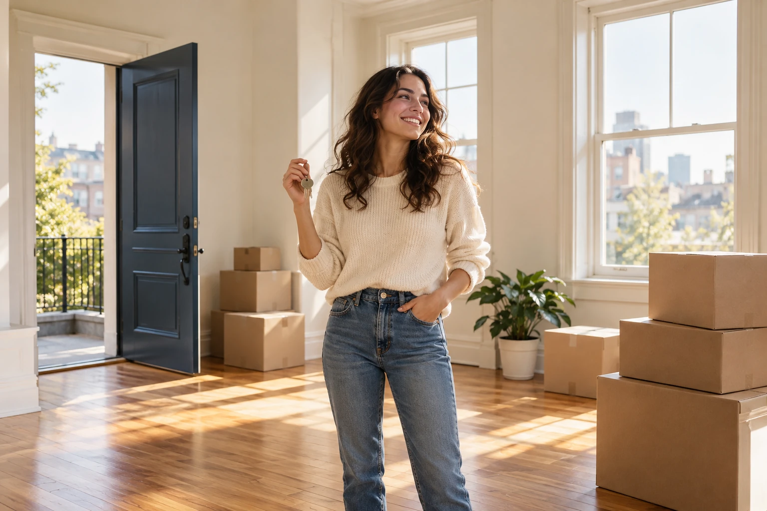 Illustration of a resident arriving at a new apartment with keys.