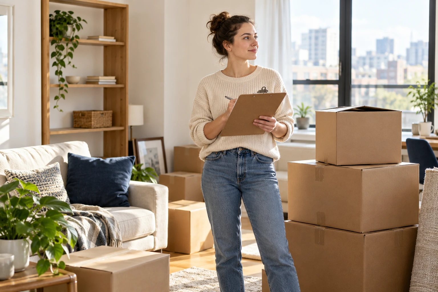 Resident reviewing a moving checklist beside packed boxes in an apartment.