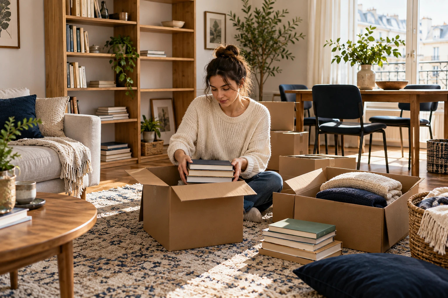 Illustration of books and clothing being packed in an apartment.