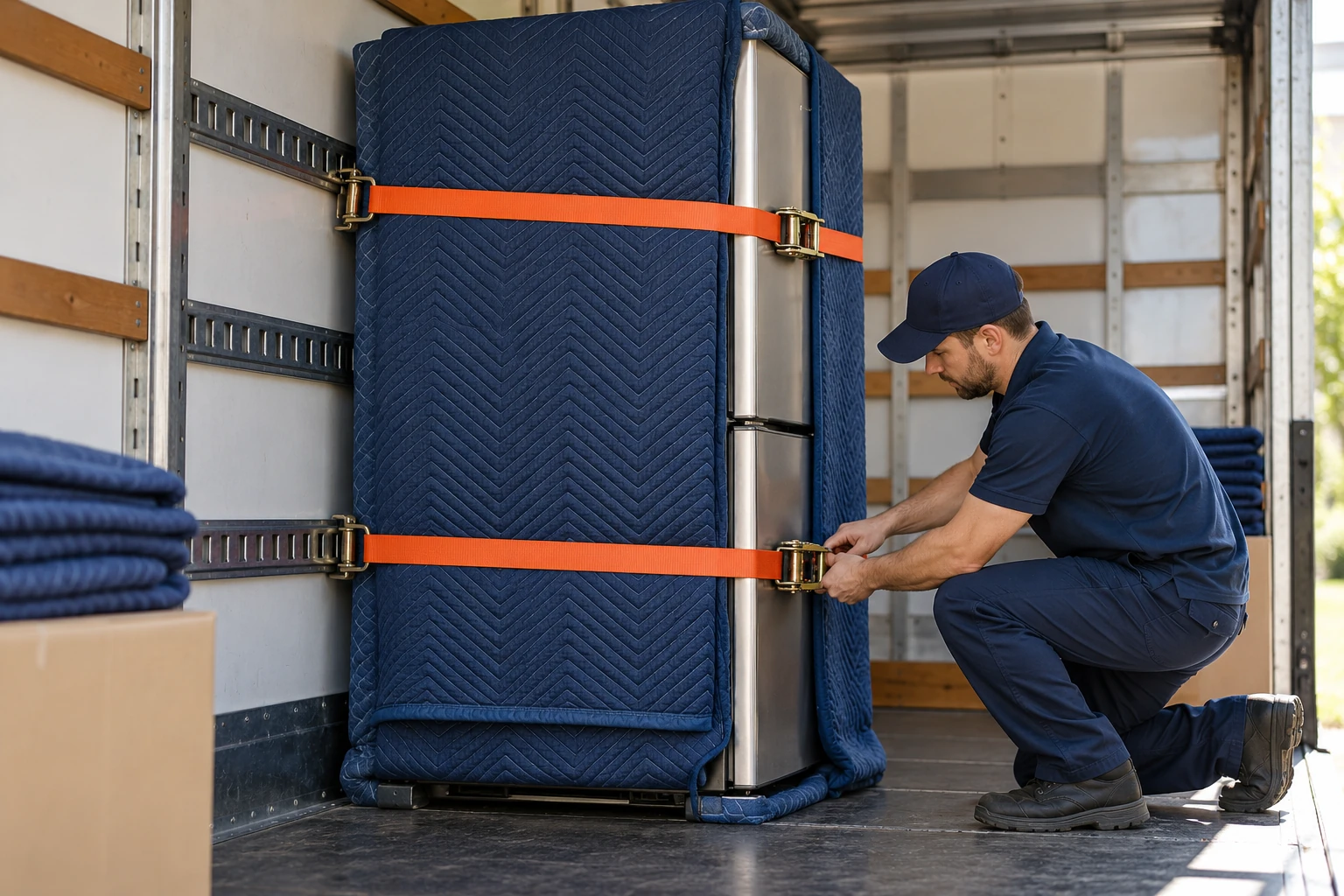 Illustration of a padded refrigerator strapped inside a moving truck.