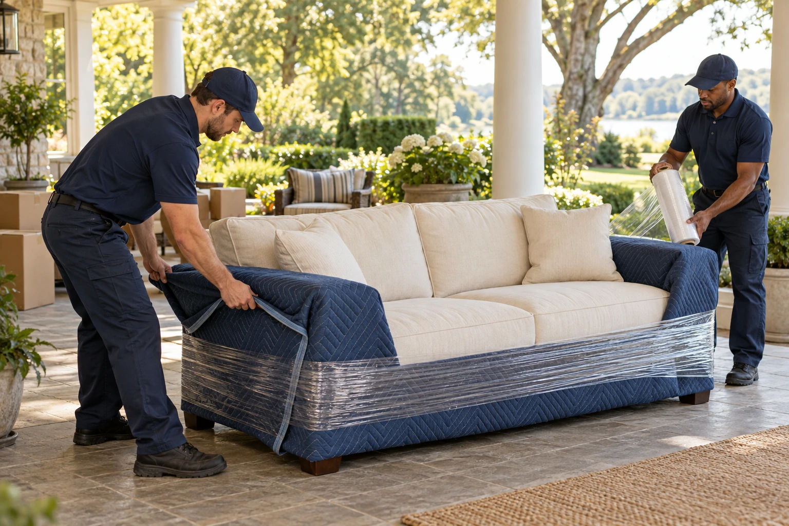 Illustration of movers wrapping a sofa with protective blankets.
