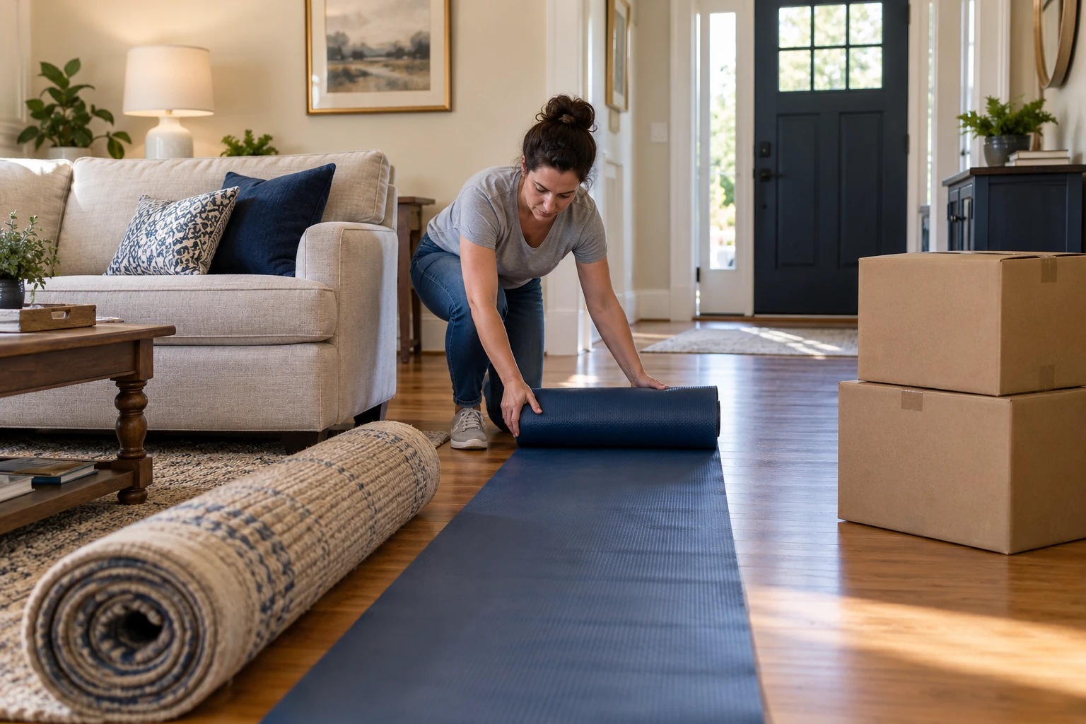 Resident rolling out a floor protector before moving furniture through the home.