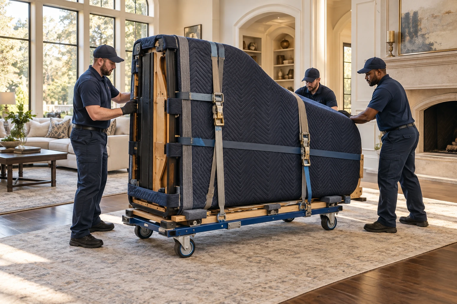 Illustration of a grand piano secured to a piano skid and wheeled dolly.