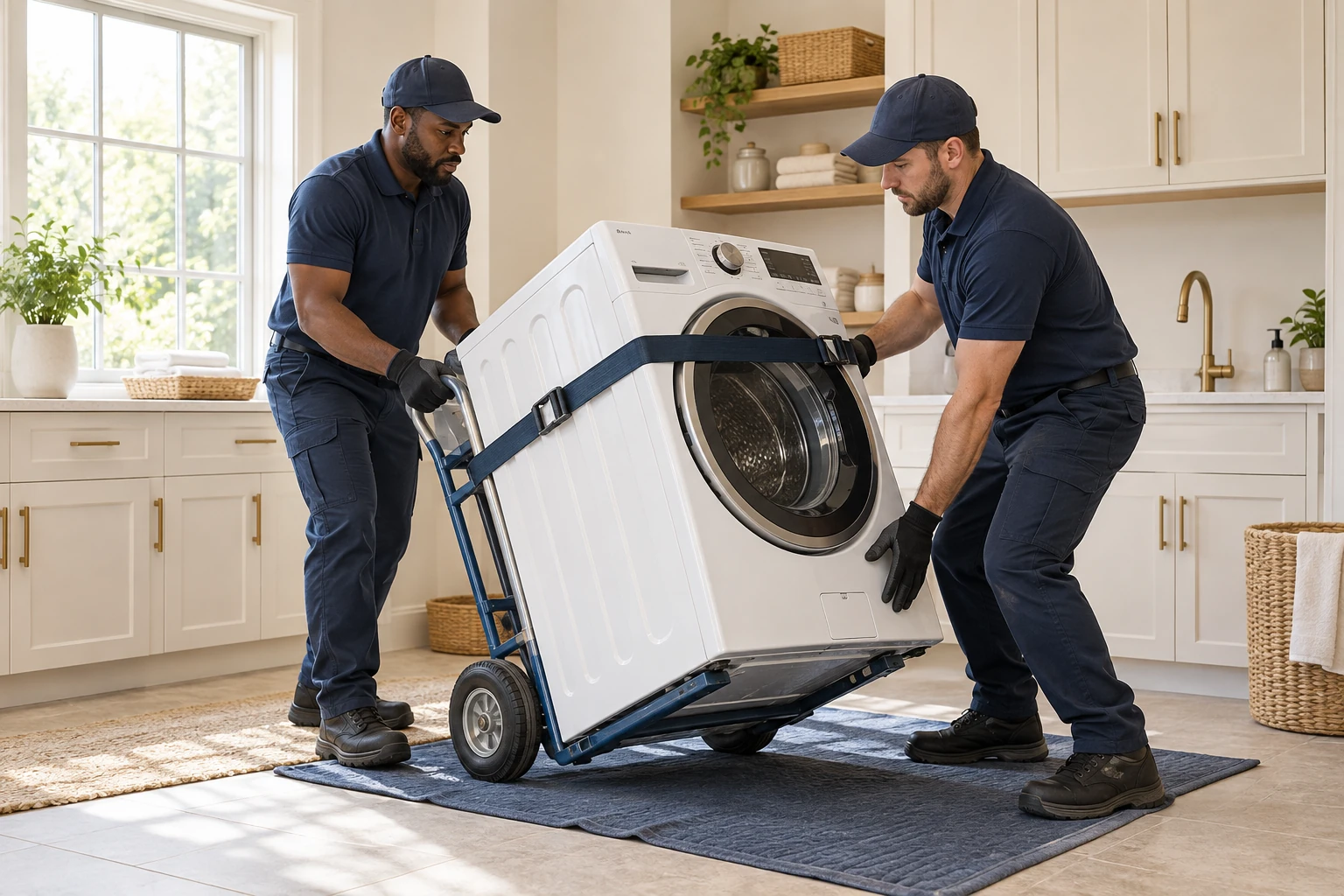 Illustration of a washing machine secured to a moving dolly.