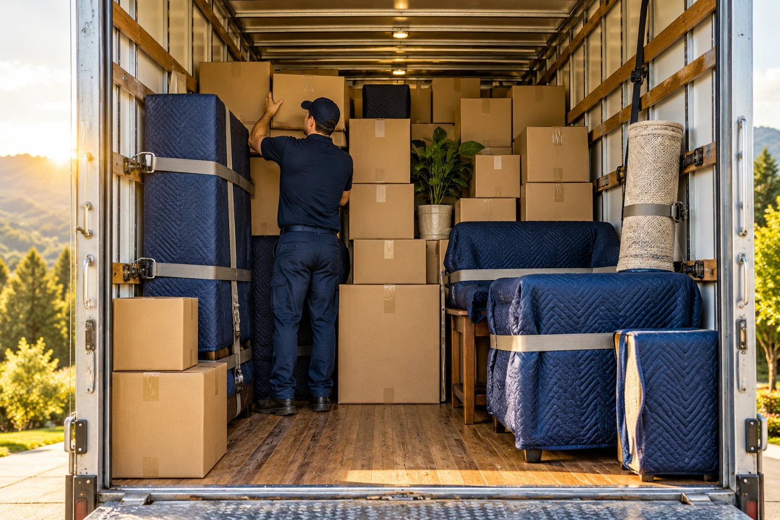 Illustration of an organized moving truck loaded for a long-distance move.
