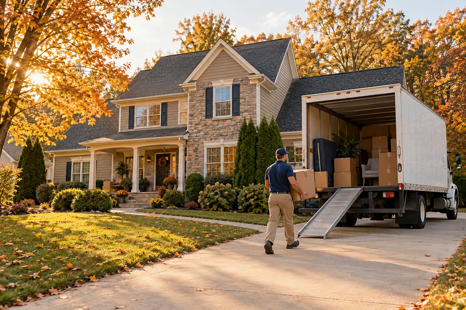 Illustration of an autumn moving day outside a suburban home.