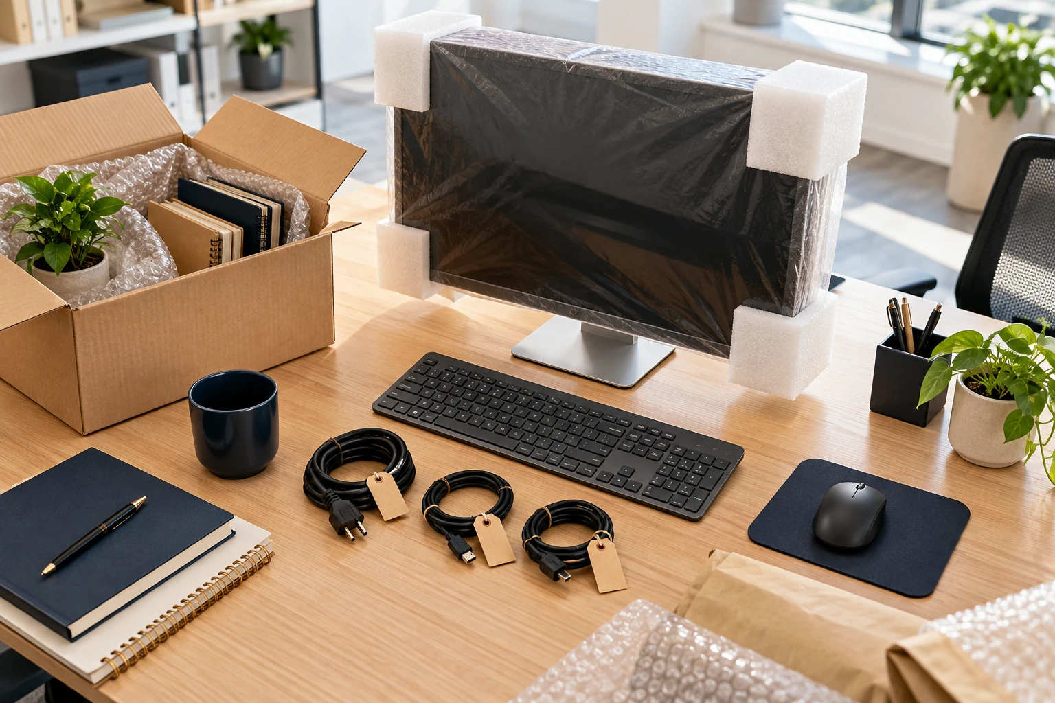 Illustration of protected office equipment and organized cables.