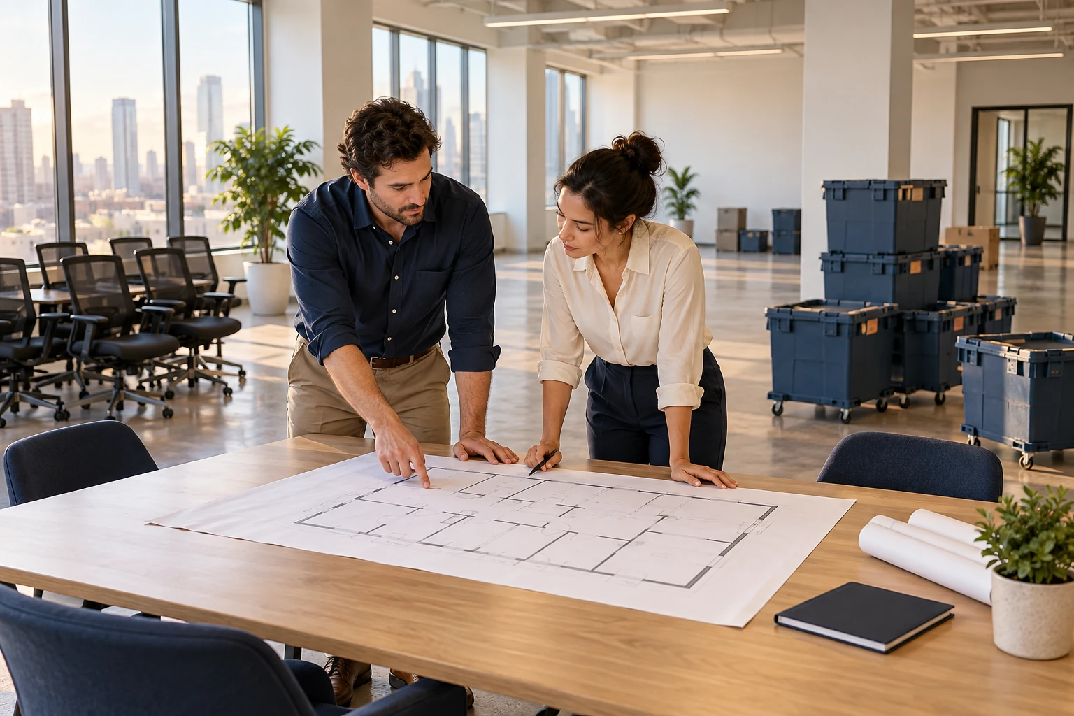 Illustration of colleagues planning an office relocation.