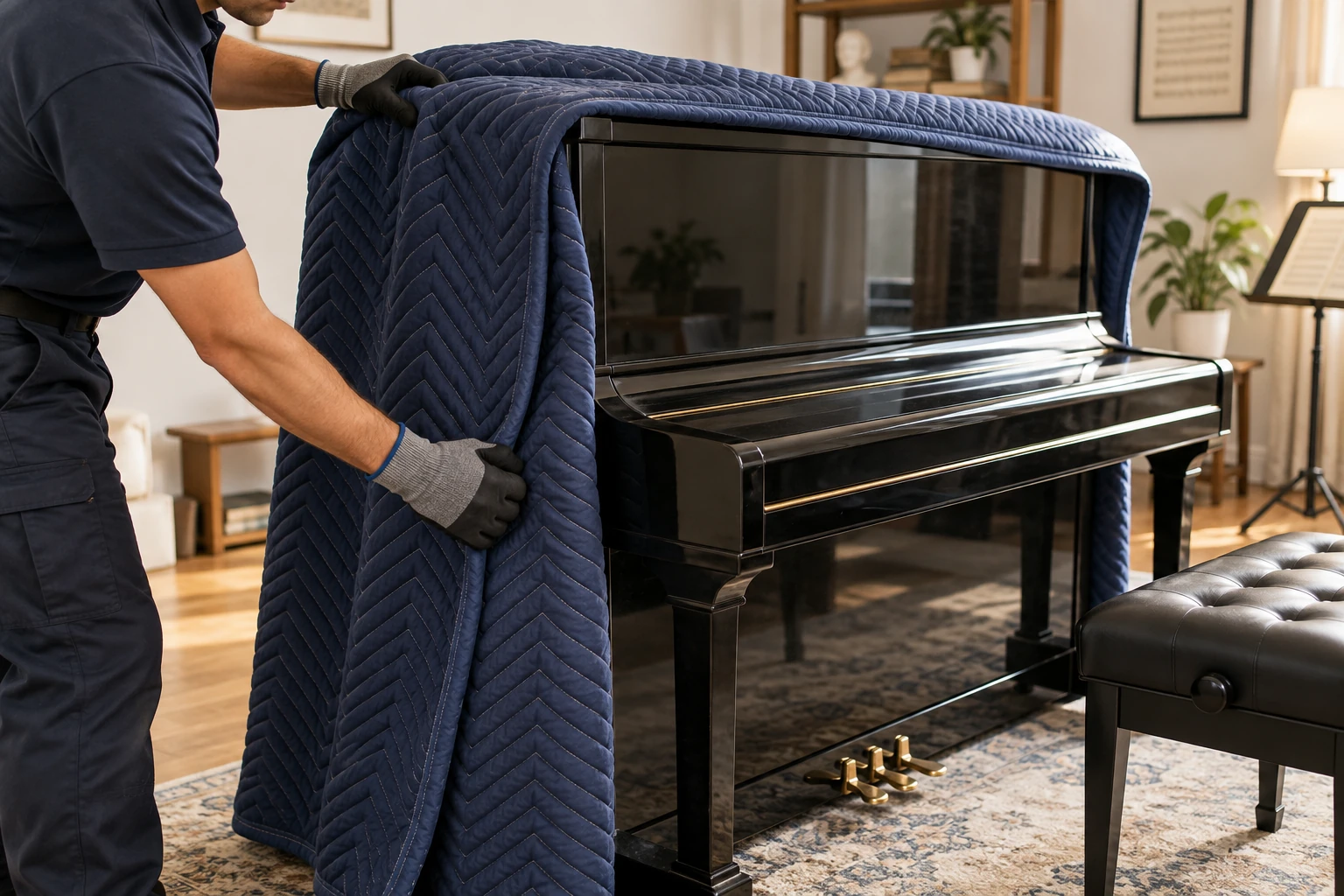 Illustration of protective padding being fitted around an upright piano.