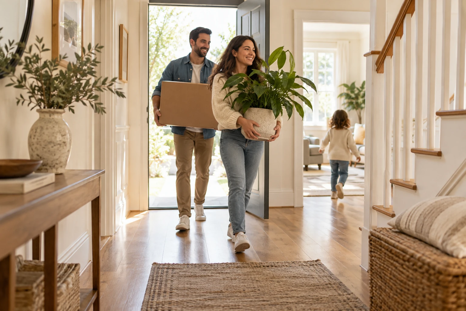 Illustration of a family bringing belongings into a new home.