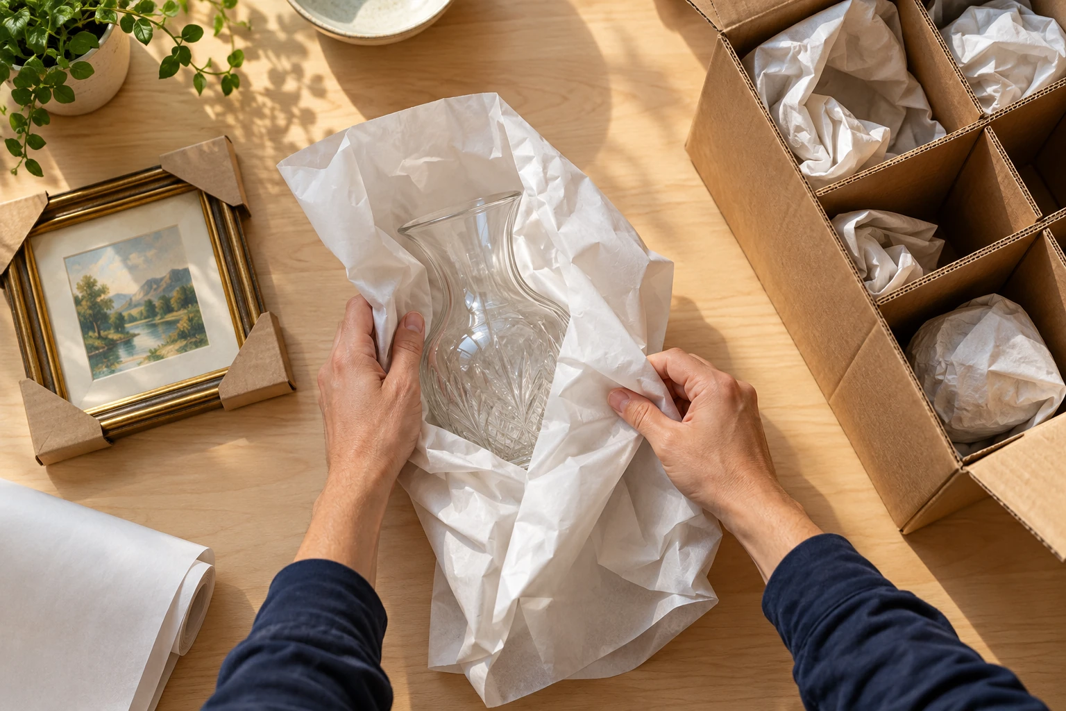 Illustration of a glass vase being wrapped beside protective packing materials.