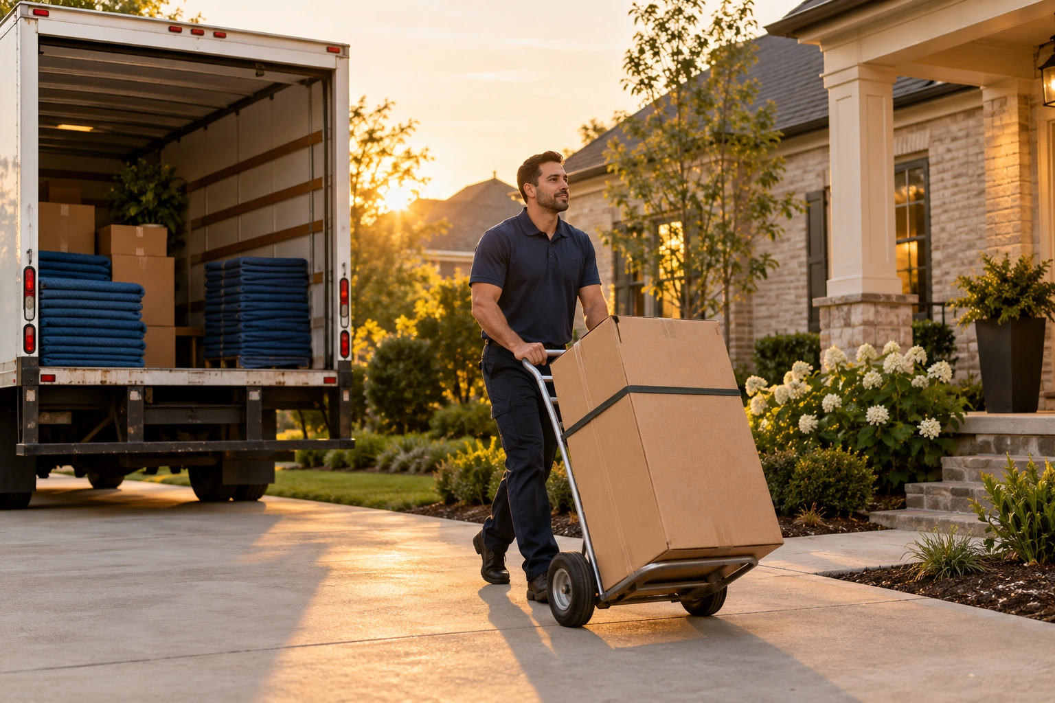 Professional mover guiding a loaded hand truck beside a moving truck.