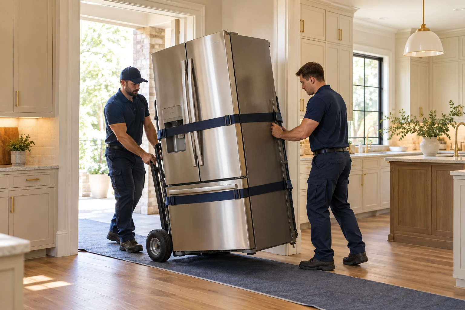 Illustration of a refrigerator secured to an appliance hand truck.