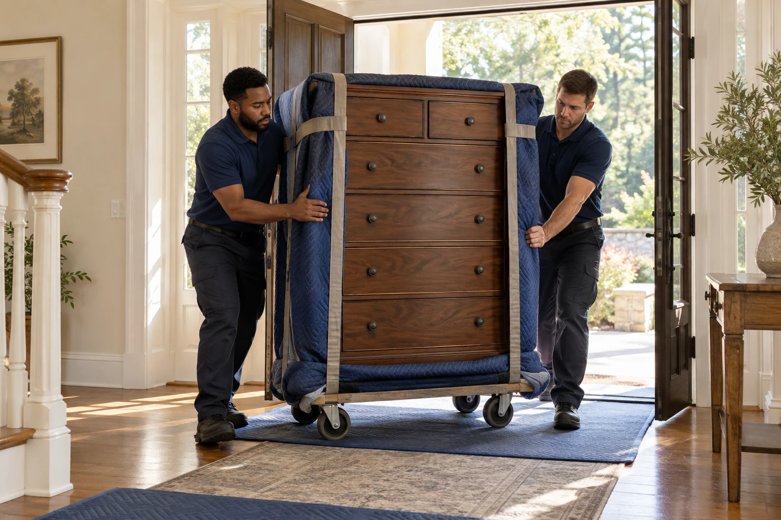 Illustration of movers guiding a padded dresser through a doorway.
