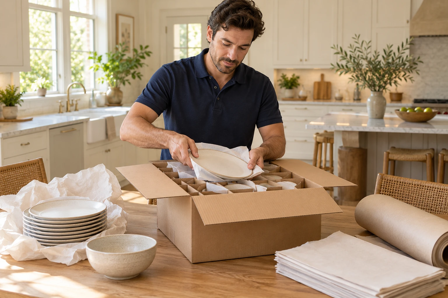 Illustration of ceramic dishes being packed into a divided carton.