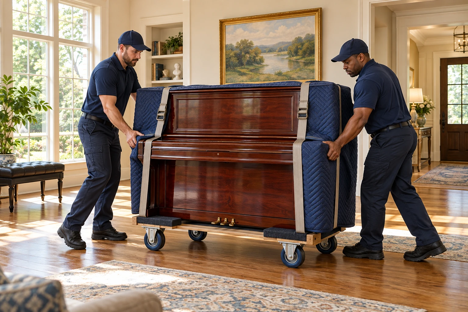 Illustration of movers transporting a protected upright piano on a dolly.